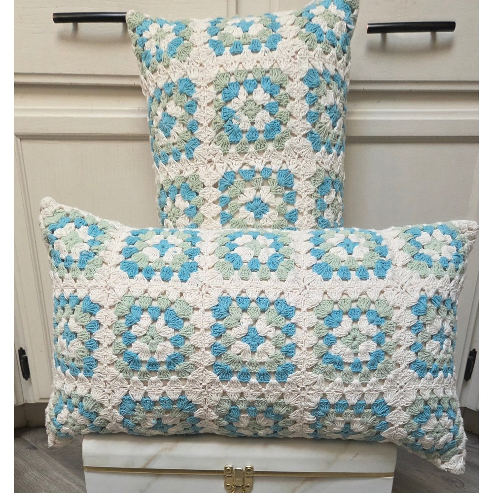 London Kaye Crochet Granny Square Lumbar Pillow Blue White Green Accent - Picture 2 of 7